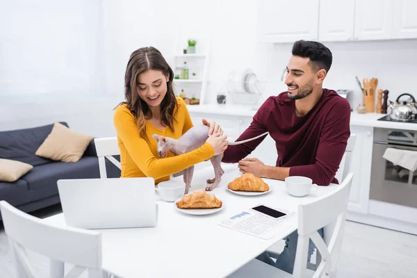 Pareja multiétnica positiva mirando al gato esfinge cerca de dispositivos y desayuno en la mesa en casa - foto de stock