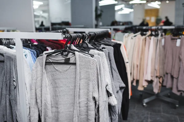 Clothes on hangers in second hand — Foto stock