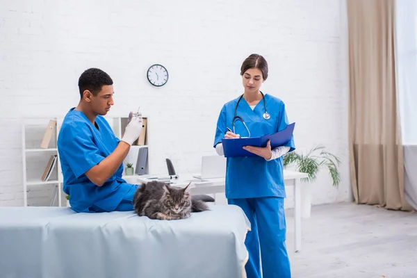 African american veterinarian holding syringe near maine coon and colleague writing on clipboard in clinic — Photo de stock