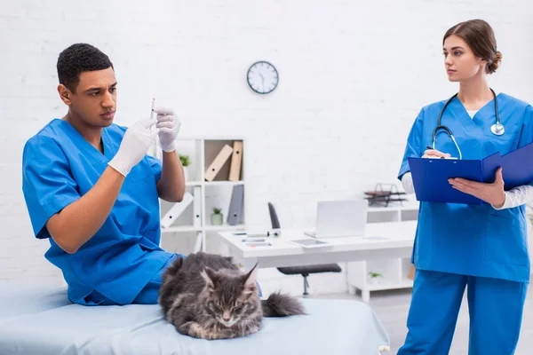 Afrikanisch-amerikanischer Tierarzt hält Spritze in der Nähe von verschwommenem Maine Coon und Kollege mit Klemmbrett in Klinik — Stockfoto