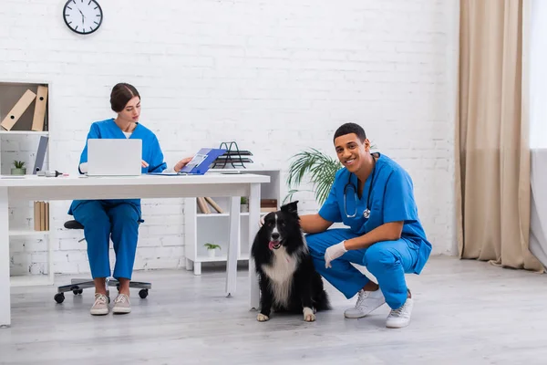 Smiling african american doctor petting border collie near colleague with laptop and clipboard in vet clinic — Stockfoto