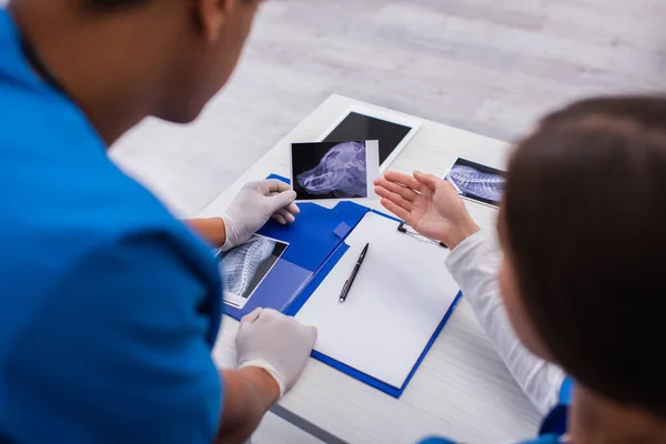 Blurred interracial doctors holding ultrasound scan of dog near clipboard and digital tablet in clinic - foto de stock