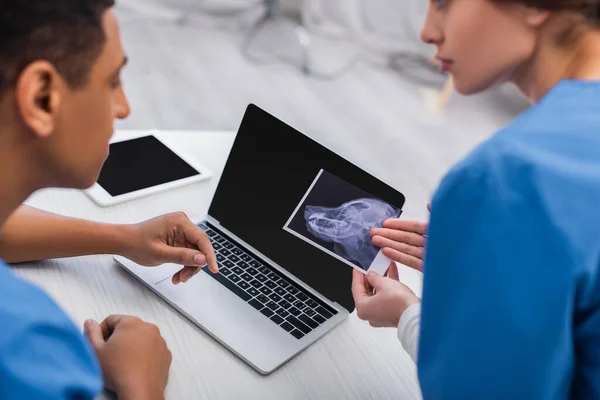 Blurred multiethnic veterinarians working with ultrasound scan of animal in clinic — Stock Photo