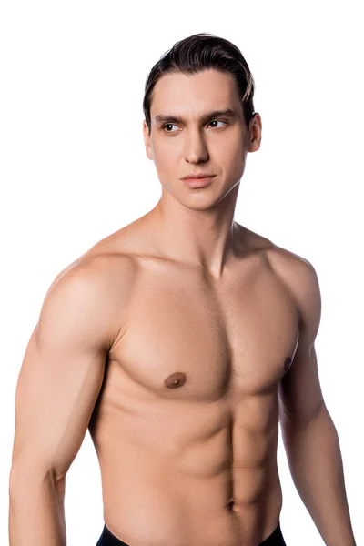 Shirtless man with muscular body and perfect skin looking away isolated on white — Stock Photo