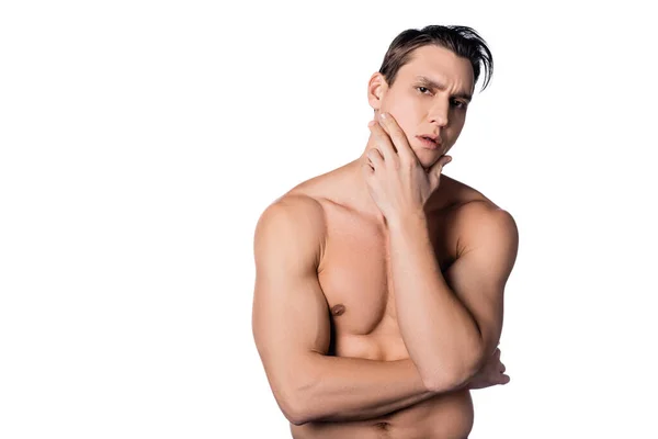 Shirtless man touching face and looking at camera isolated on white — Stock Photo