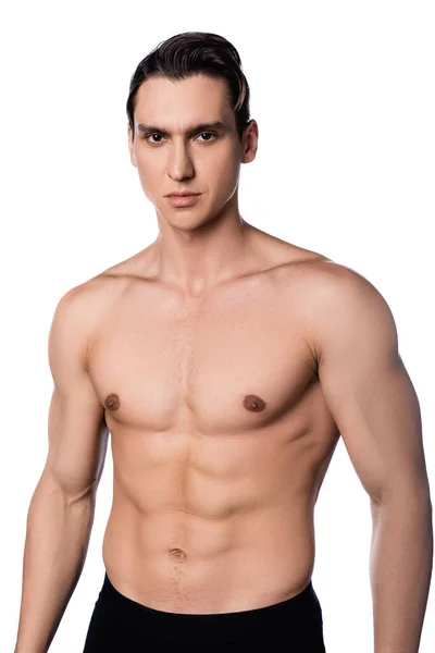 Shirtless man with perfect body and skin looking at camera isolated on white — Stock Photo