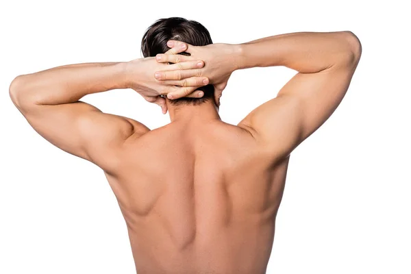 Back view of muscular man posing with hands behind head isolated on white — Stock Photo