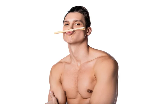 Hemdlose brünette Mann Grimassen mit Zahnbürste isoliert auf weiß — Stockfoto