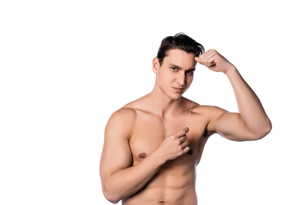 Shirtless man with perfect body holding dental floss isolated on white — Stock Photo