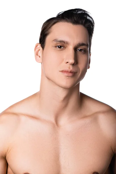 Brunette man with bare chest looking at camera isolated on white — Stock Photo