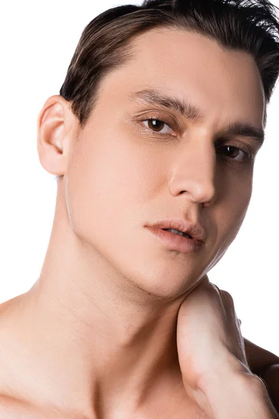 Close up portrait of brunette man with perfect skin looking at camera isolated on white — Stock Photo