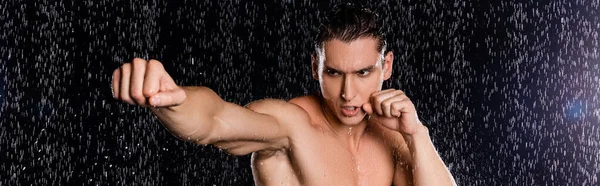 Strong and confident man in boxing pose under water drops on black background, banner — Stock Photo