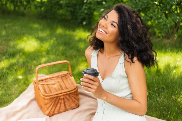 Mujer afroamericana soñadora sonriendo y mirando hacia otro lado mientras sostiene la taza de papel cerca de la cesta de picnic - foto de stock