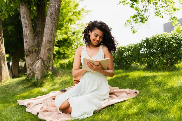 Alegre afroamericana mujer en vestido lectura libro y sentado en manta en parque - foto de stock