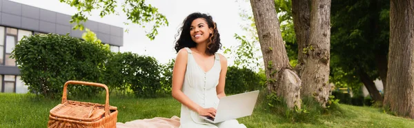 Sonriente mujer afroamericana usando portátil cerca de canasta de mimbre en manta en el parque, pancarta - foto de stock