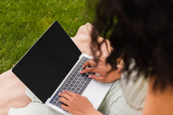 Visão de alto ângulo da mulher americana africana usando laptop com tela em branco no parque — Fotografia de Stock