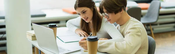 Smiling teen girl and guy in eyeglasses sitting near laptop and books in library, banner — Stock Photo
