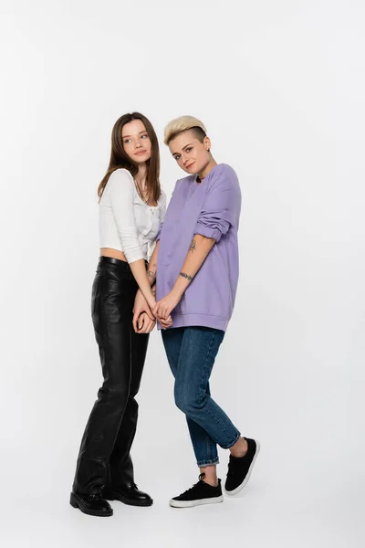 Full length of smiling lesbian couple holding hands on grey background - foto de stock