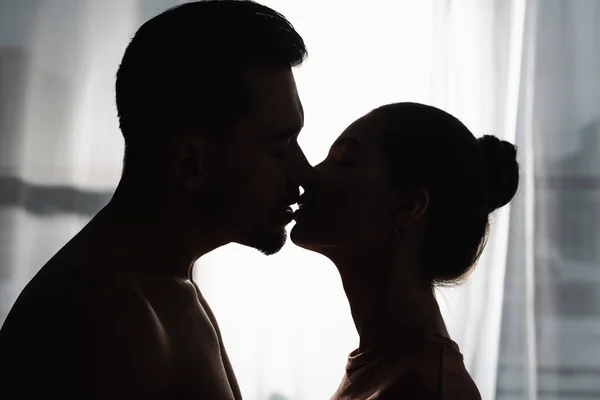 Vista lateral de siluetas de jóvenes amantes besándose en casa - foto de stock