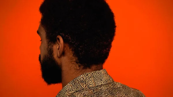 Rückseite des afrikanisch-amerikanischen jungen Mannes mit lockigem Haar isoliert auf orange — Stockfoto