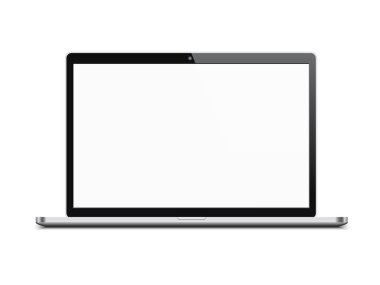 Boş beyaz ekranlı gerçekçi bir laptop. Defteri düzenle. Beyaz arkaplanda izole vektör illüstrasyonu.