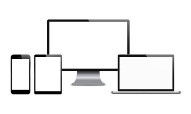 Akıllı telefon, bilgisayar monitörü, dizüstü bilgisayar ve tablet. Boş ekranlı dijital cihaz seti. Beyaz arkaplanda vektör illüstrasyonu.