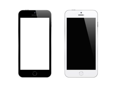 Beyaz arka planda siyah beyaz akıllı telefonlar. Telefonu boş ekran ile taklit et. İzole vektör illüstrasyonu.