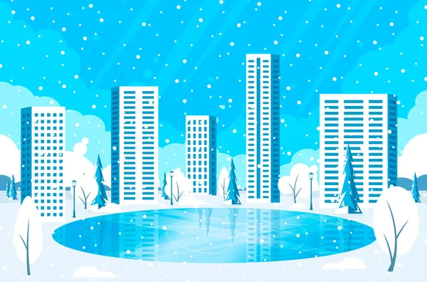 Paisagem Urbana Inverno Cidade Inverno Com Pista Gelo Fundo Nevado — Vetor de Stock