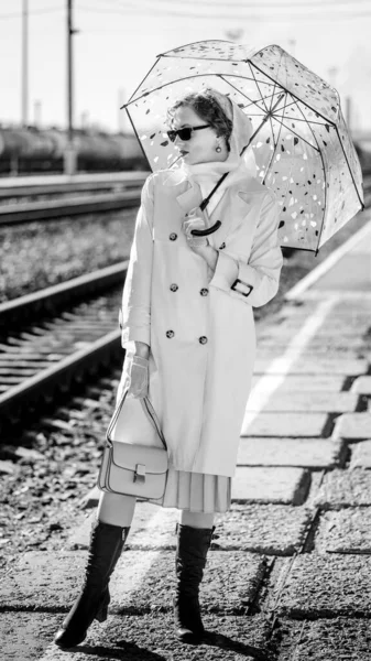 Young Woman Raincoat Dark Glasses Umbrella Handbag Her Hands Stands Royalty Free Stock Images