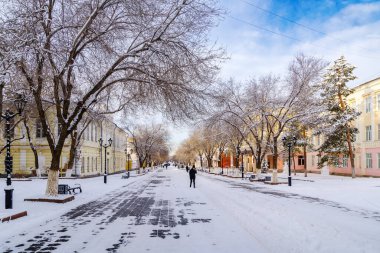 Orenburg, Russia - December, 07, 2021: Winter cityscape. Sovetskaya street