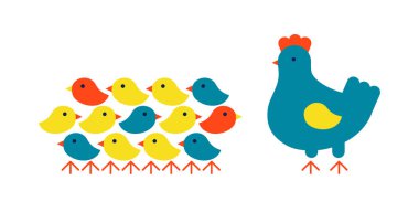 Anne tavukla yumurtadan yeni çıkmış bir grup tatlı piliç. Düz vektör çizimi beyaz üzerine izole edildi.