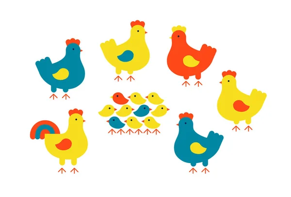 Groupe de poulets. Poules, coq, poulets. Illustration vectorielle plate isolée sur blanc. — Image vectorielle