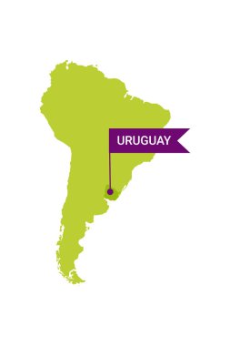 Uruguay bir Güney Amerika haritasında Uruguay kelimesi bayrak şeklinde bir işaretle. Vektör beyazda izole edildi.
