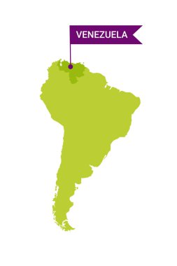 Venezuela bir Güney Amerika haritasında, Venezuela kelimesi bayrak şeklinde bir işaretle işaretlenmiş. Vektör beyazda izole edildi.
