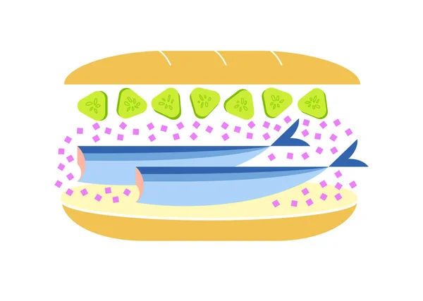 Herring sandwich with red onion and pickled cucumber. Flat vector illustration isolated on white. — Stock Vector