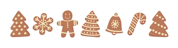 Gingerbread cookies set. Figures covered by icing-sugar ornaments. Flat vector illustration isolated on white. — Stock Vector