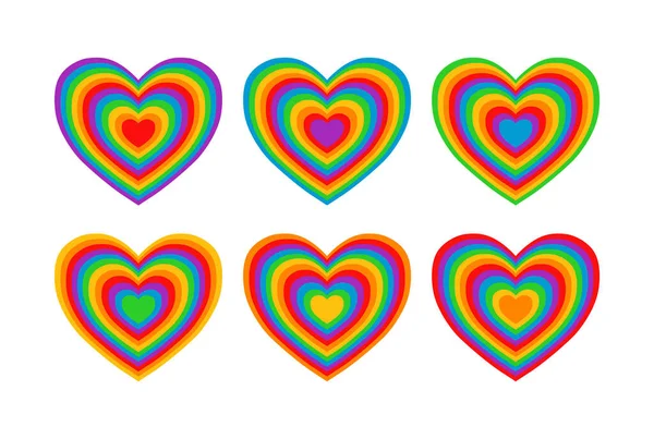 Six throbbing rainbow hearts. Decorative elements set. Vector illustration isolated on white. — Vettoriale Stock