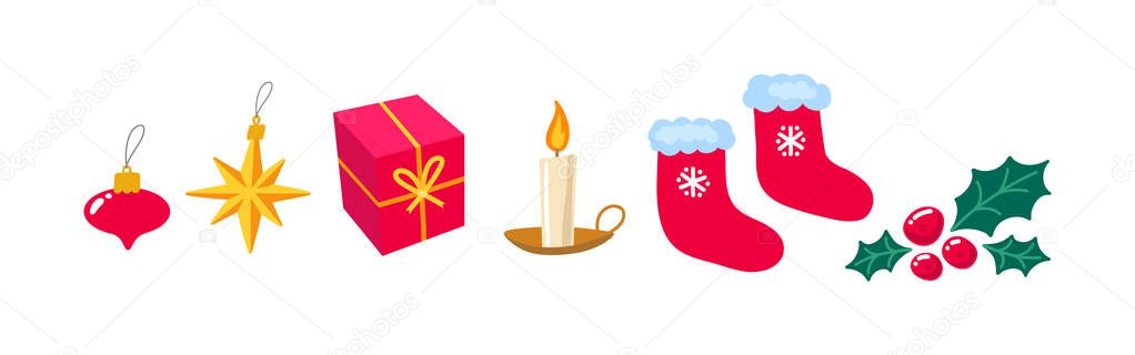 Christmas and New Year related objects horisontal composition. Vector illustration isolated on white background.