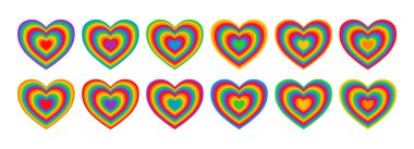 On iki çarpan gökkuşağı kalbi. Dekoratif elementler ayarlandı. Vektör illüstrasyonu beyazda izole edildi.