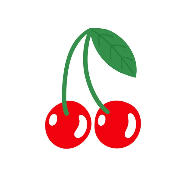 Dos cerezas rojas maduras con hoja. Ilustración vectorial aislada en blanco. — Vector de stock