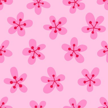 Çilekli ya da erikli el çizimi, dikişsiz düzenli desen. Pembe üzerine vektör düz illüstrasyon.