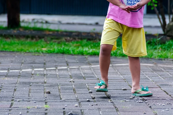 Little Girl Playing Running Having Fun Pavement Park Nature Green — Stock Photo, Image