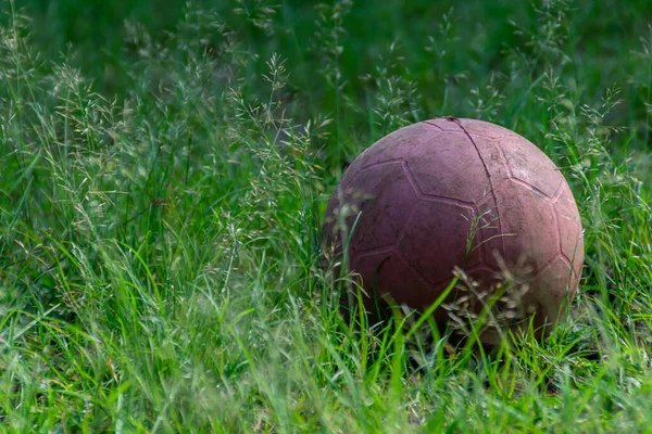 Red Plastic Ball Middle Green Grass Field Public City Park — Stock Photo, Image
