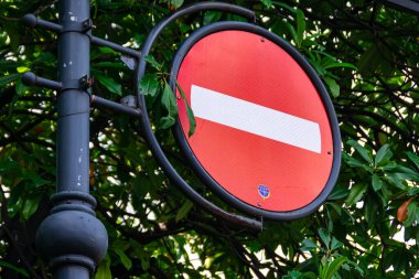 Kırmızı dur ya da yasak sokak tabelası yeşil ağacın altında asılıydı.