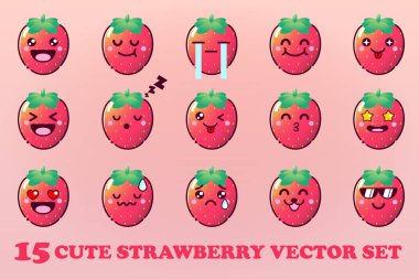 Kawaii Yüzlü Şirin Çizgi Film Çileği ve Chibi Stili Duygusal Vektör Kümesi
