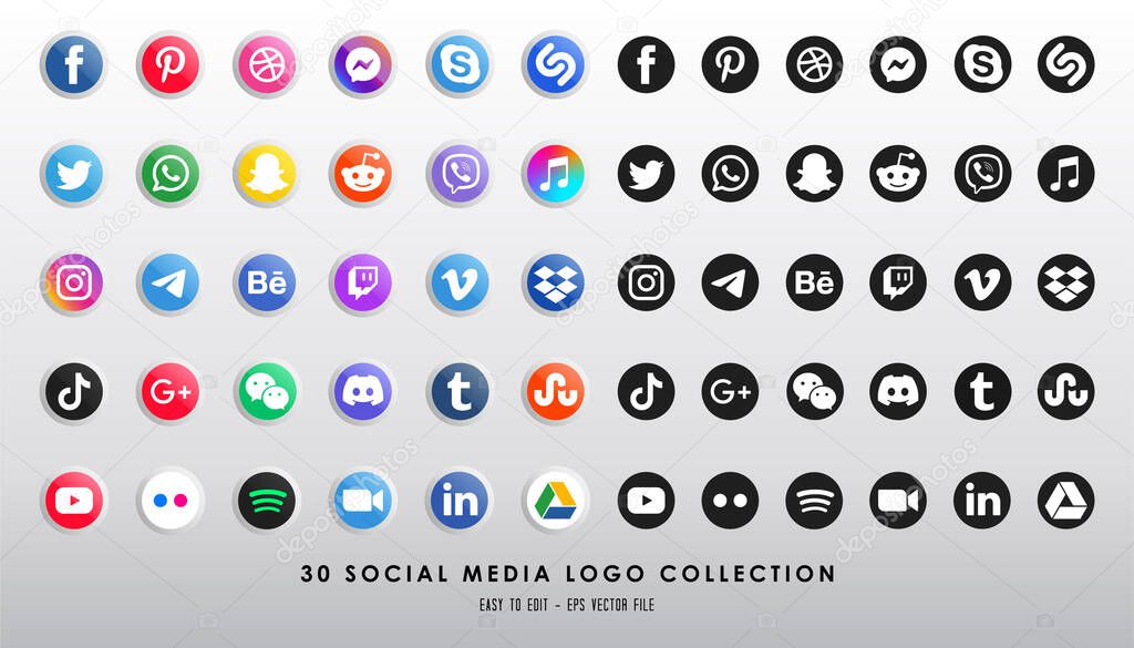 Social media icon or vector set collection set with facebook, instagram, twitter, tiktok, youtube modern circle logos