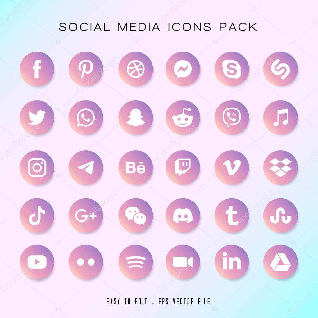 Social media icon or vector set collection set with facebook, instagram, twitter, tiktok, youtube aesthetic gradient round logos