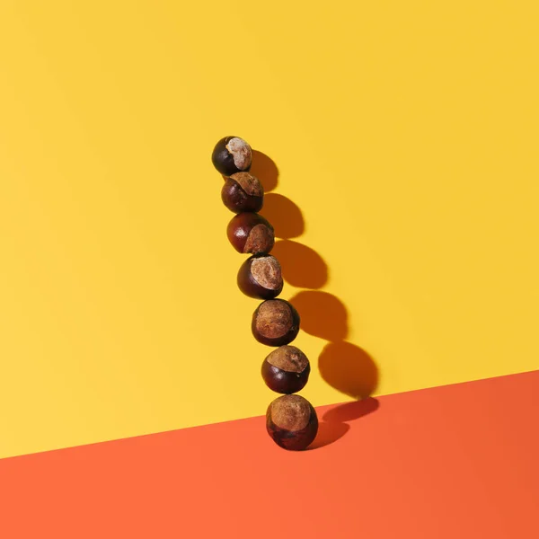 Minimal Arrangement Organic Chestnut Standing Top Each Other Yellow Wall — Stock Photo, Image