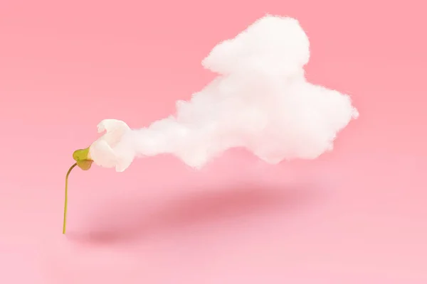環境に優しい発想 ピンクの背景に白い鐘形の野花が雲を通過 — ストック写真