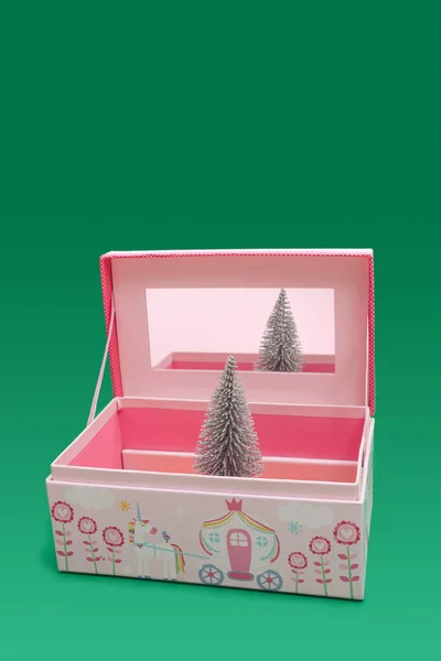 Caja Joyería Concepto Mínimo Arreglo Hecho Mini Árbol Navidad Artificial — Foto de Stock